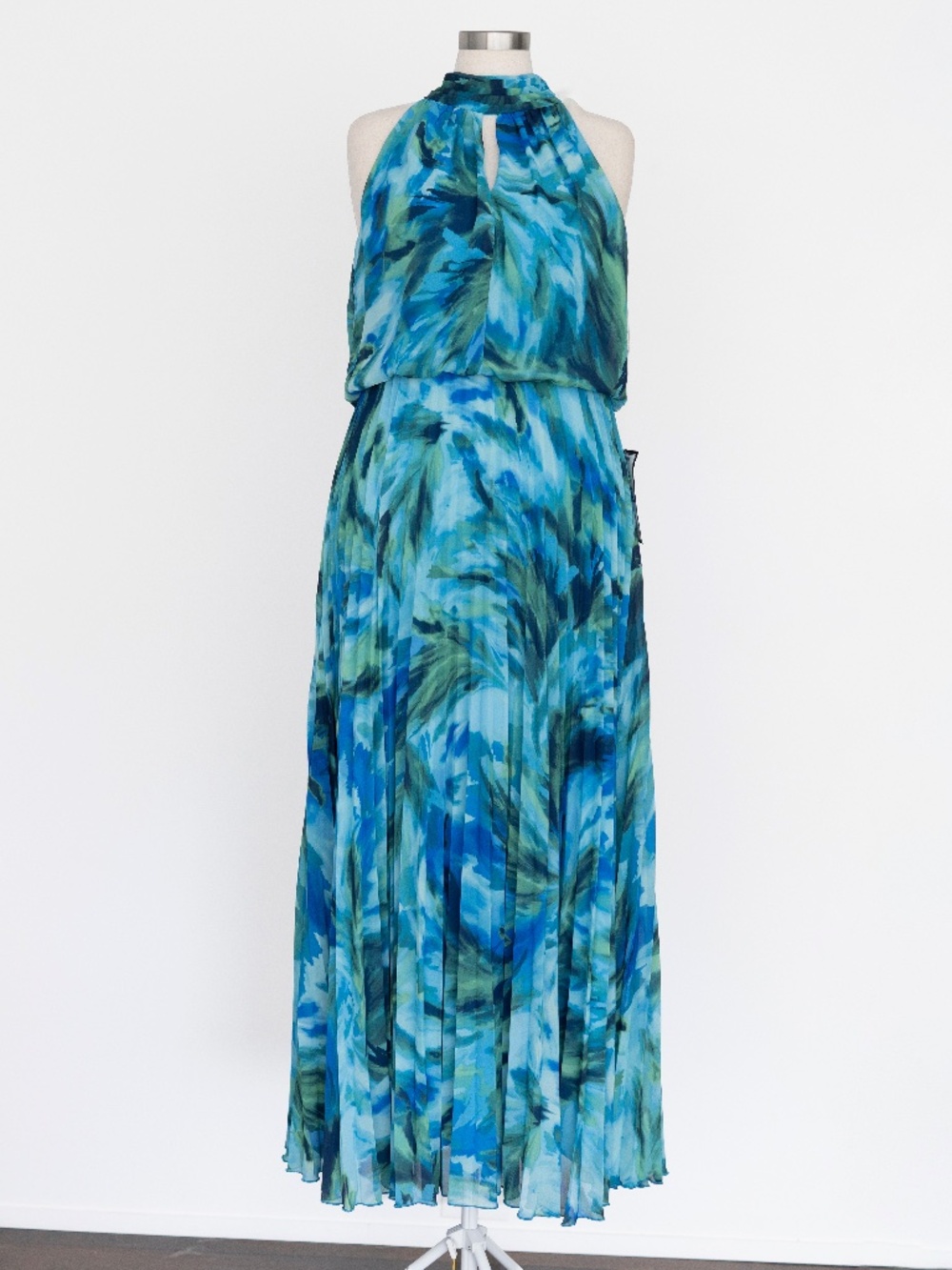 Xscape - Chiffon Watercolor Print Halter Pleated Blouson Gown
